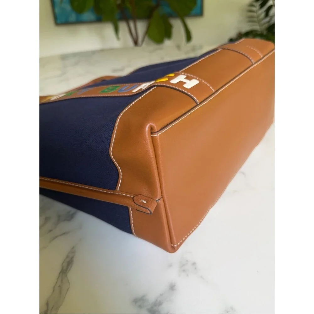 Tory Burch Perry Navy Multi Stripe Canvas Leather Triple Compartment Tote